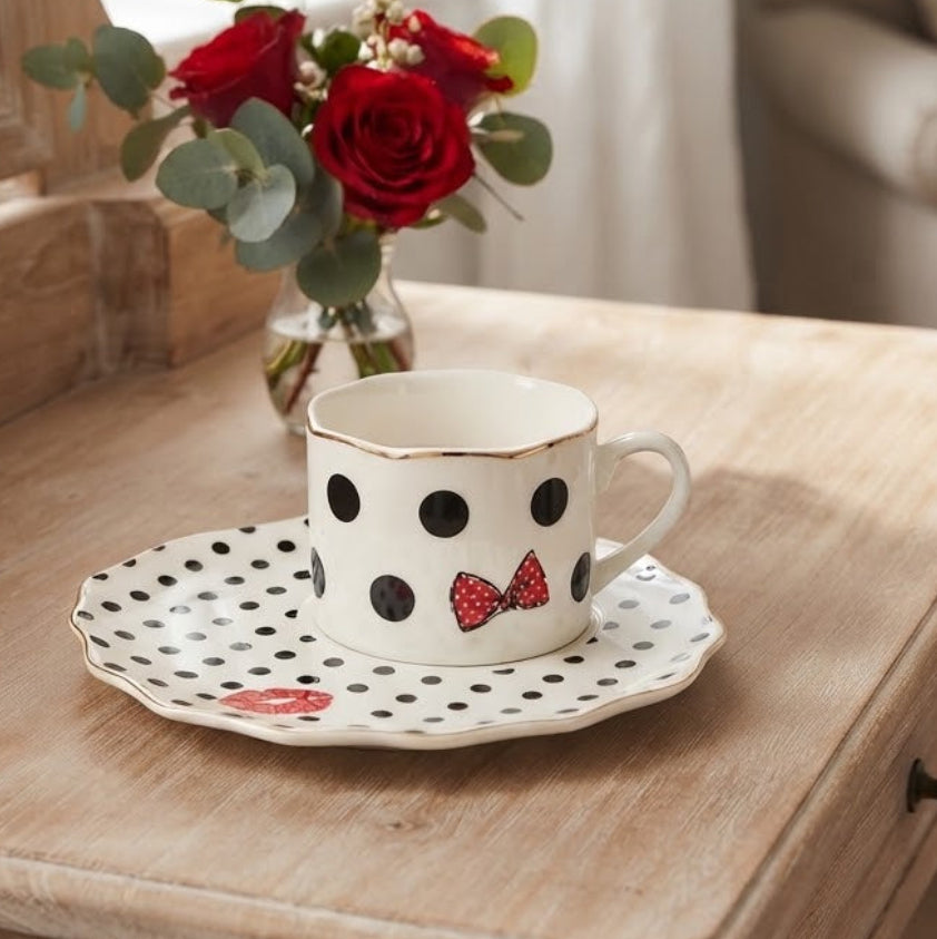 Polka Black and White Dot Ceramic Mug With Round Tray at Zubaidas Homestore