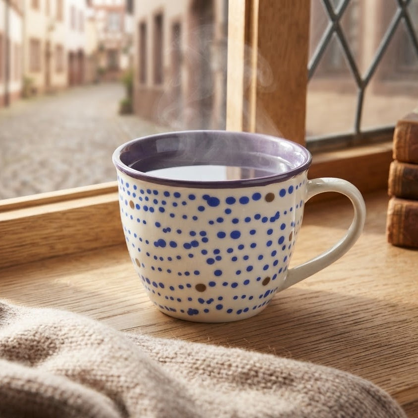 Polka Dot Ceramic Coffee Mug with Purple Rim 400ml at Zubaidas Homestore 