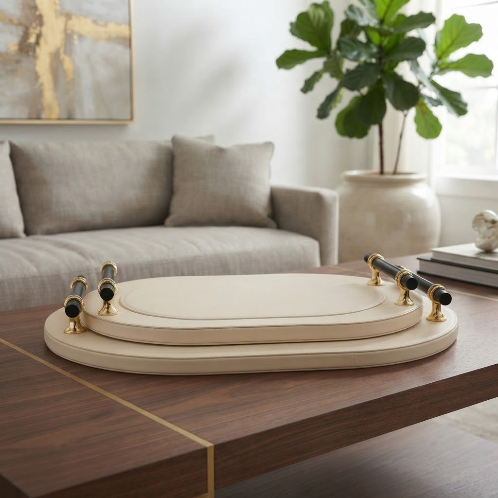 Premium Leather Oval Tray with Golden Handle 2 Pieces Set at Zubaidas Homestore 
