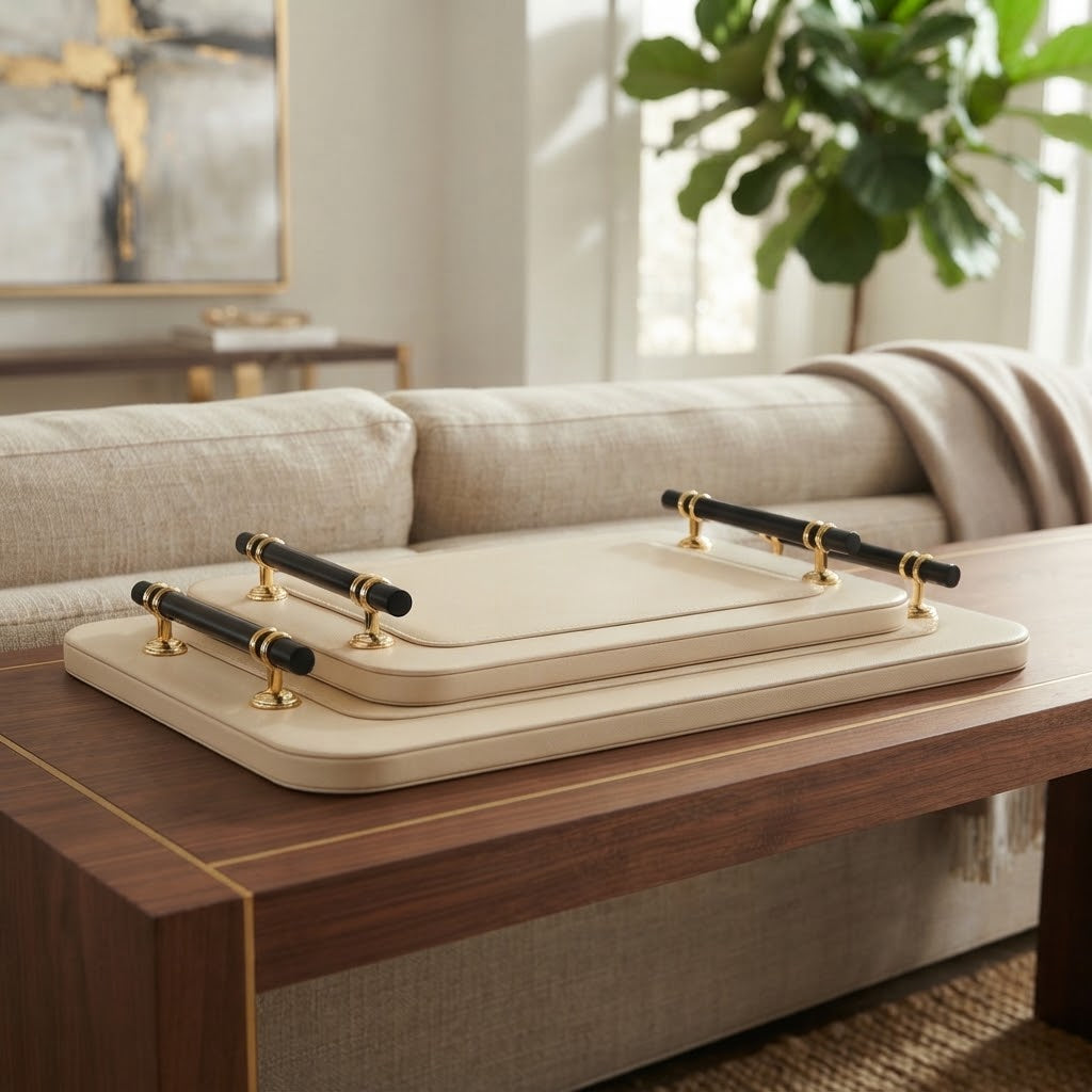 Premium Leather Tray with Golden Handle 2 Pieces Set at Zubaidas Homestore 