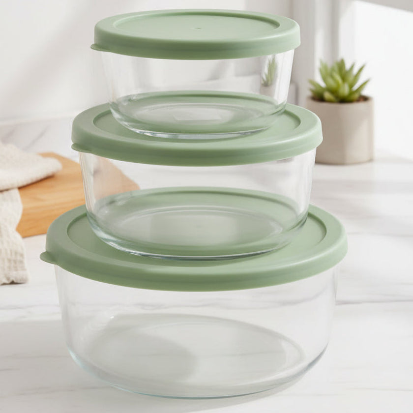 Pyrex Round Glass Food Storage Container 3 Pieces Green at Zubaidas Homestore