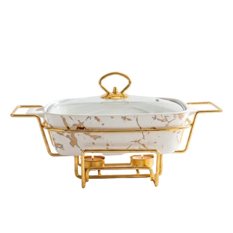 Rectangular Ceramic Casserole With Gold Warmer Stand 30cm at Zubaidas Homestore Pakistan