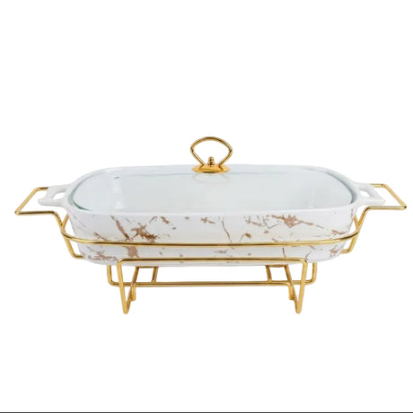 Rectangular Ceramic Casserole With Gold Warmer Stand 43cm at Zubaidas Homestore Pakistan