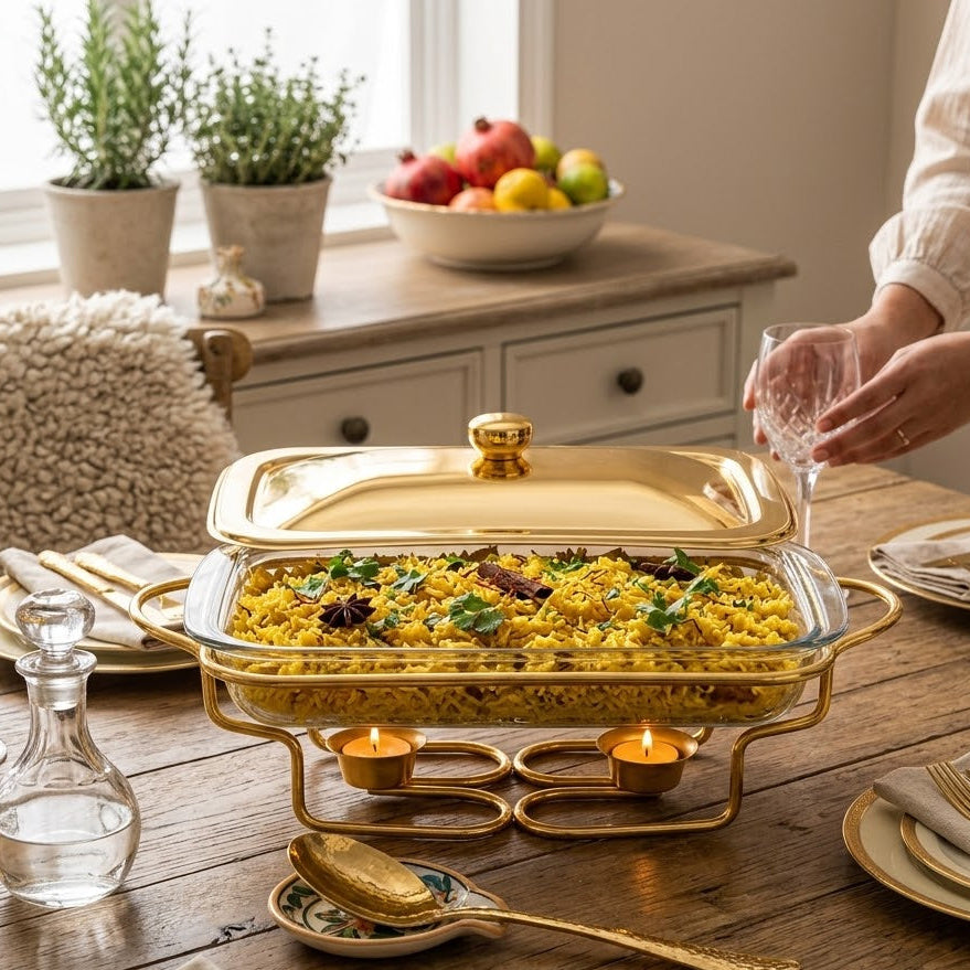 Rectangular Glass Chafing Dish With Gold Warmer Stand 2L at Zubaidas Homestore Best for Home Shopping