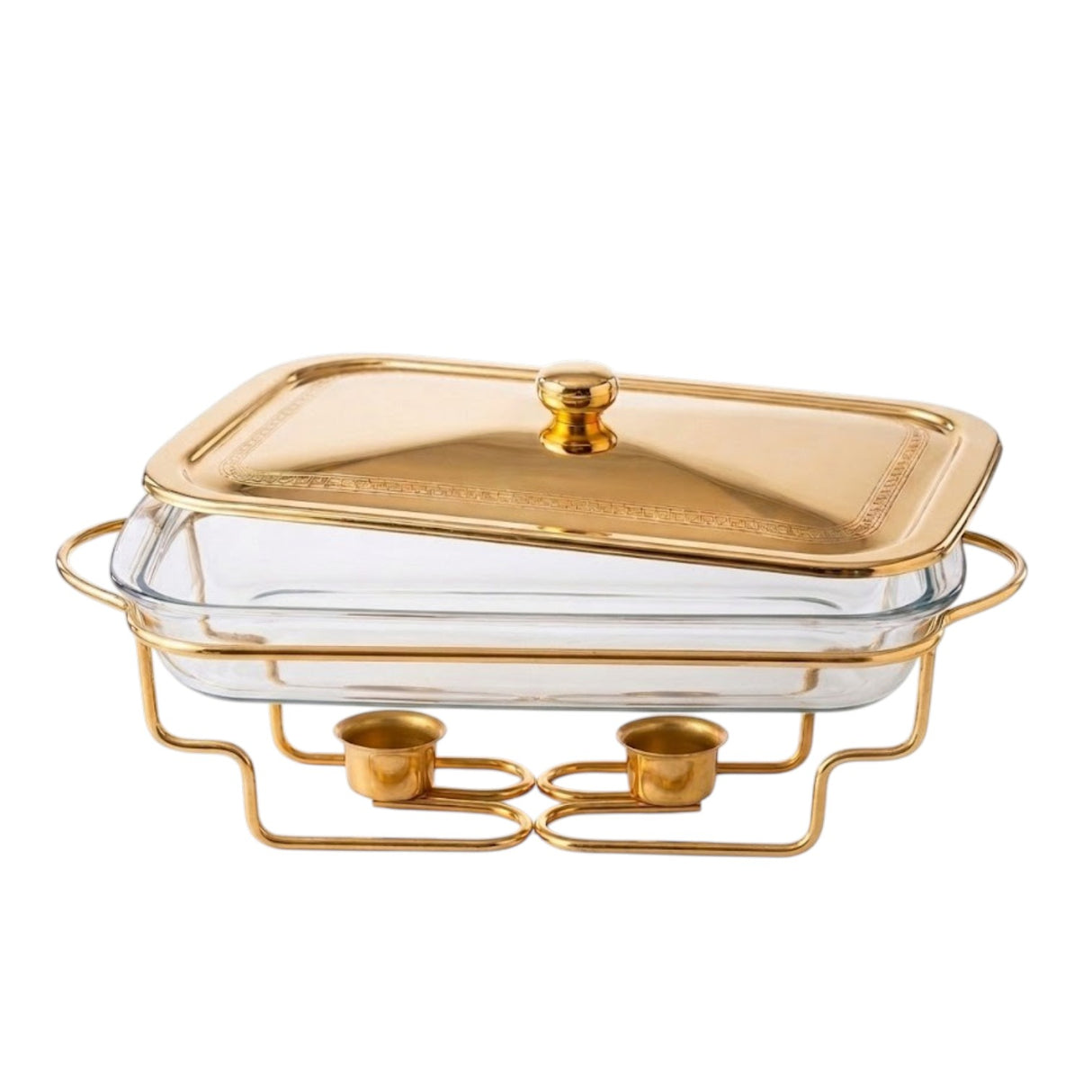 Rectangular Glass Chafing Dish With Gold Warmer Stand 3LTR at Zubaidas Homestore Pakistan
