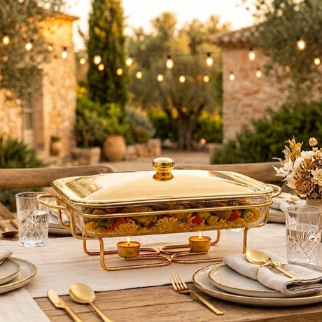 Rectangular Glass Chafing Dish With Gold Warmer Stand 3LTR at Zubaidas Homestore Best for Home Shopping