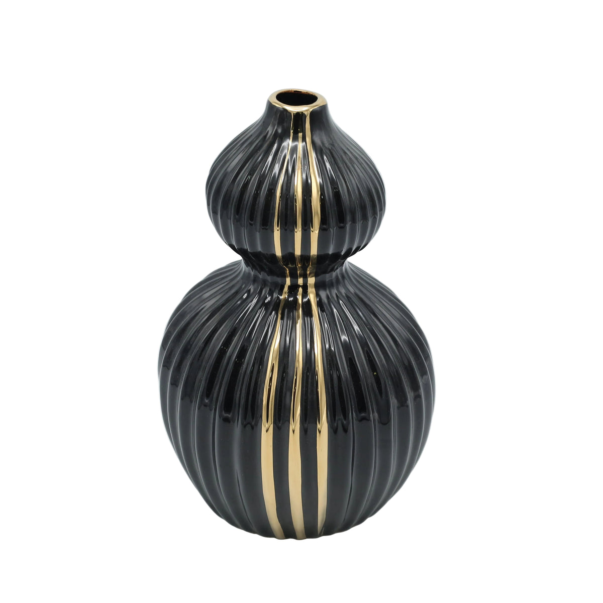 Ribbed Ceramic Black and Metallic Gold Striped Decorative Vase at Zubaidas Homestore Pakistan