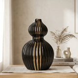 Ribbed Ceramic Black and Metallic Gold Striped Decorative Vase at Zubaidas Homestore