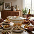 Round Ceramic Casserole With Gold Warmer Stand 28cm at Zubaidas Homestore Best for Home Shopping