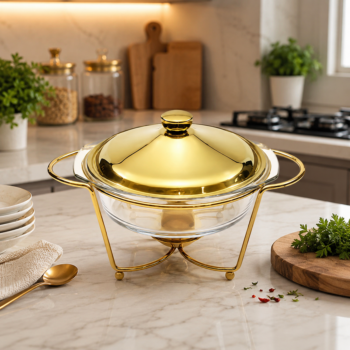 Round Dish Burner With Gold Stand 2LTR at Zubaidas Homestore Best for Home Shopping