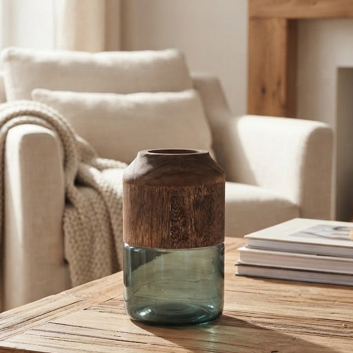 Sage Glass Vase with Wood Accent at Zubaidas Homestore 