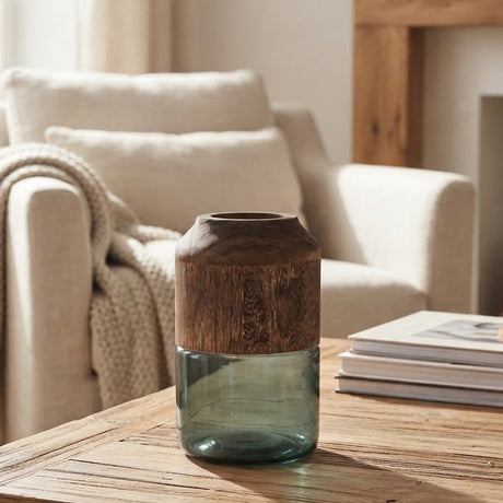Sage Glass Vase with Wood Accent at Zubaidas Homestore 