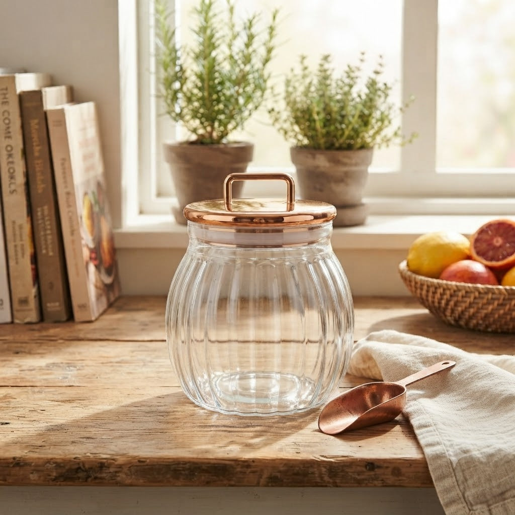 Sealed Cylindrical Glass Jar 1000ML With Rose Gold Lid at Zubaidas Homestore