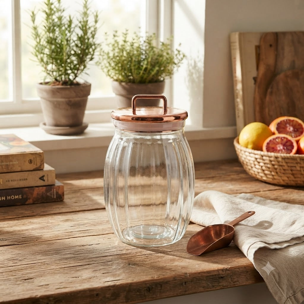 Sealed Cylindrical Glass Jar 1200ML With Rose Gold Lid at Zubaidas Homestore Pakistan