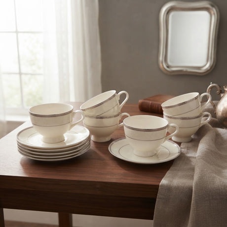 Shallow Bone China Cups and Saucers 6 Pieces Set White at Zubaidas Homestore