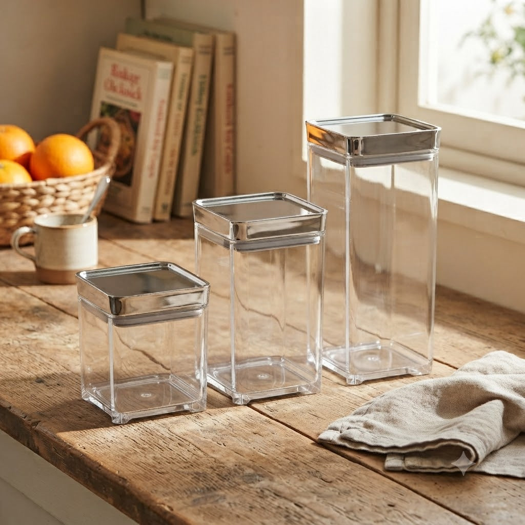 Square Acrylic Storage Jar 3Pcs Set With Silver Lid at Zubaidas Homestore Pakistan
