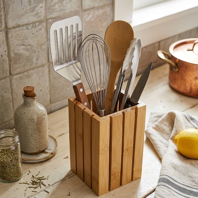 Square Bamboo Cutlery Holder Natural Wood at Zubaidas Homestore Best for Home Shopping