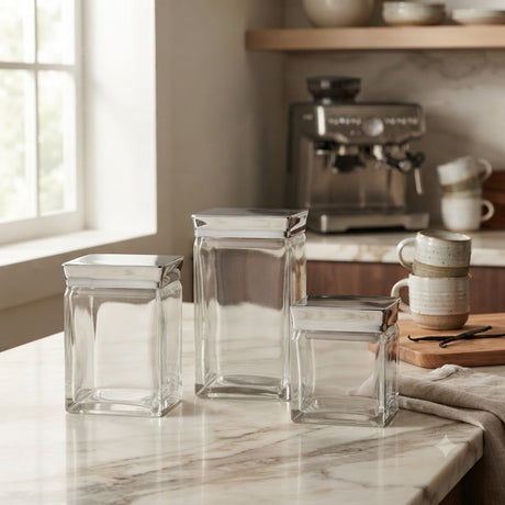 Square Glass Jar 3 Pieces Set at Zubaidas Homestore Pakistan