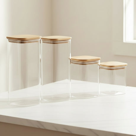 Square Glass Storage Jar Set of 4 with Bamboo Lids at Zubaidas Homestore 