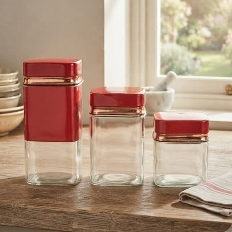 Square Storage Jar Set of 3 Red and Gold at Zubaidas Homestore Pakistan