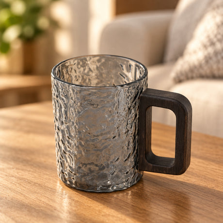 Textured Glass Mug with Wooden Handle Grey at Zubaidas Homestore 