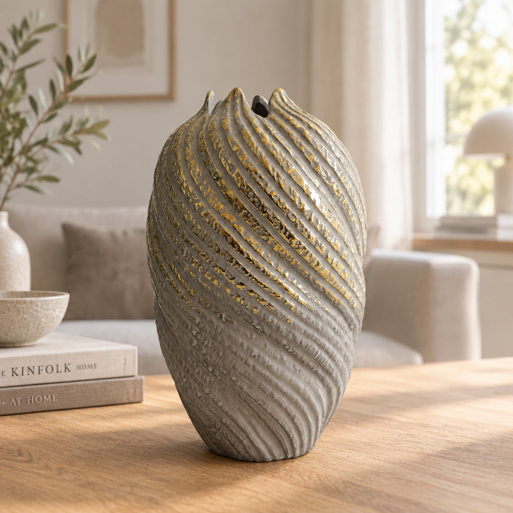 Textured Grey and Gold Spiral Ceramic Vase at Zubaidas Homestore