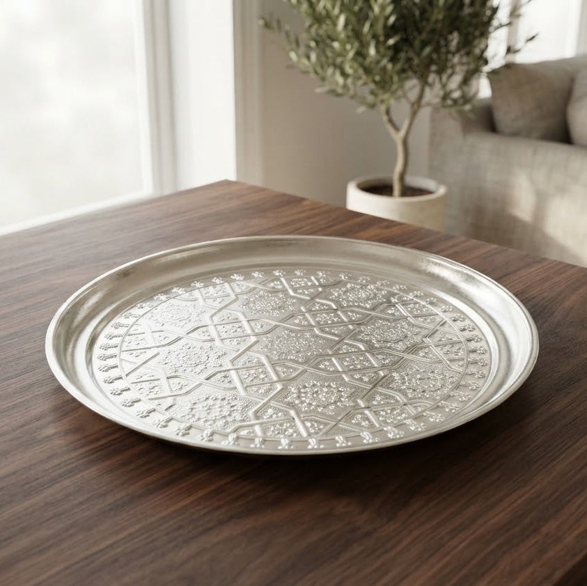 Traditional Swastika Flower Pattern Round Serving Tray 30cm at Zubaidas Homestore 