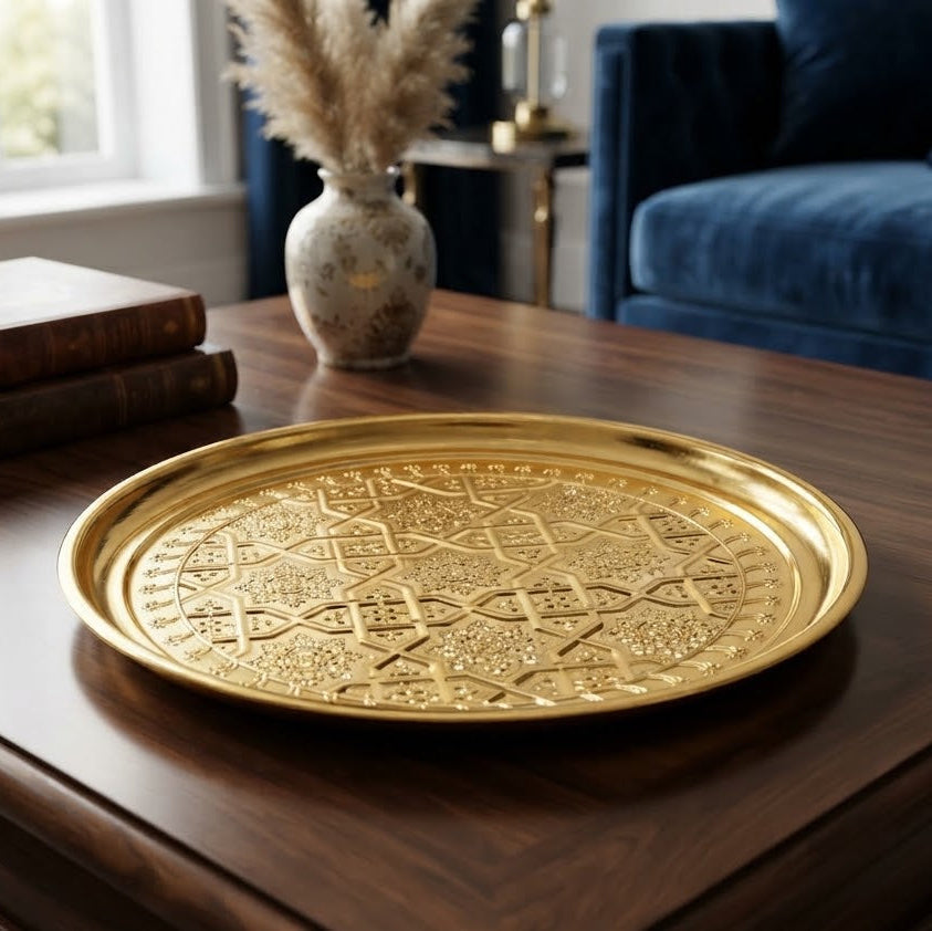 Traditional Swastika Flower Pattern Round Serving Tray 30cm Gold at Zubaidas Homestore