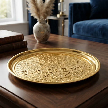 Traditional Swastika Flower Pattern Round Serving Tray 30cm Gold at Zubaidas Homestore