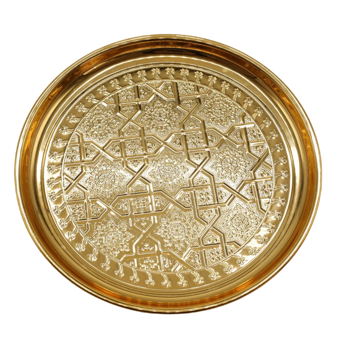 Traditional Swastika Flower Pattern Round Serving Tray 30cm Gold at Zubaidas Homestore Pakistan