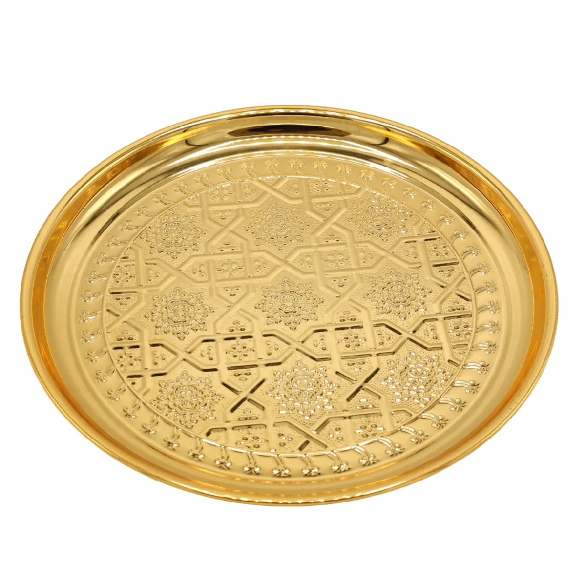 Traditional Swastika Flower Pattern Round Serving Tray 30cm Gold at Zubaidas Homestore. Best Online Homestore in Pakistan