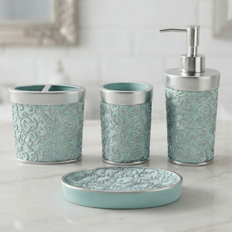 Turquoise Embossed Ceramic Bathroom Accessory Set at Zubaidas Homestore 