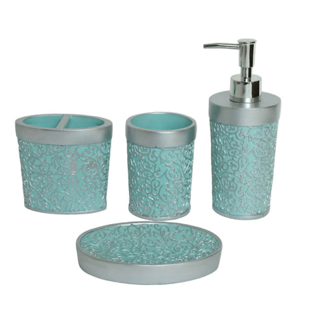 Turquoise Embossed Ceramic Bathroom Accessory Set at Zubaidas Homestore Pakistan