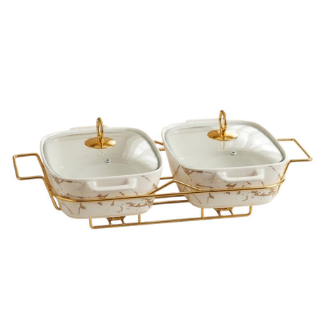 Twin Rectangular Ceramic Casserole With Gold Stand 33cm Zubaidas Homestore Pakistan