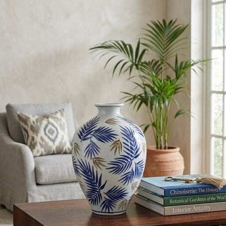 Vase Ceramic Leaf Design 14cm Blue and White at Zubaidas Homestore Best for Home Shopping