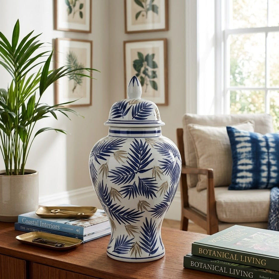 Vase Ceramic Leaf Design 38cm Blue and White at Zubaidas Homestore Best for Home Shopping