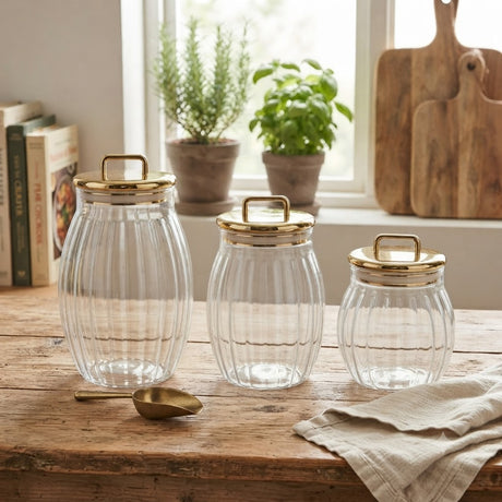 Vertical Pattern Glass Storage Jar 3Pcs Set With Gold Lid at Zubaidas Homestore Pakistan