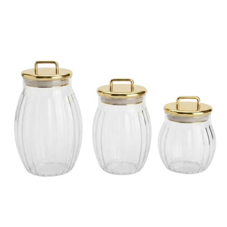 Vertical Pattern Glass Storage Jar 3Pcs Set With Gold Lid at Zubaidas Homestore Best for Home Shopping Pakistan