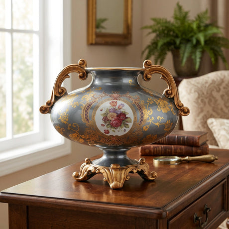 Vintage Grey and Gold Floral Decorative Vase at Zubaidas Homestore