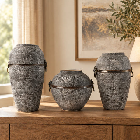 Vintage Style Decorative Vase with Bronze Ring 3 Pieces Set at Zubaidas Homestore