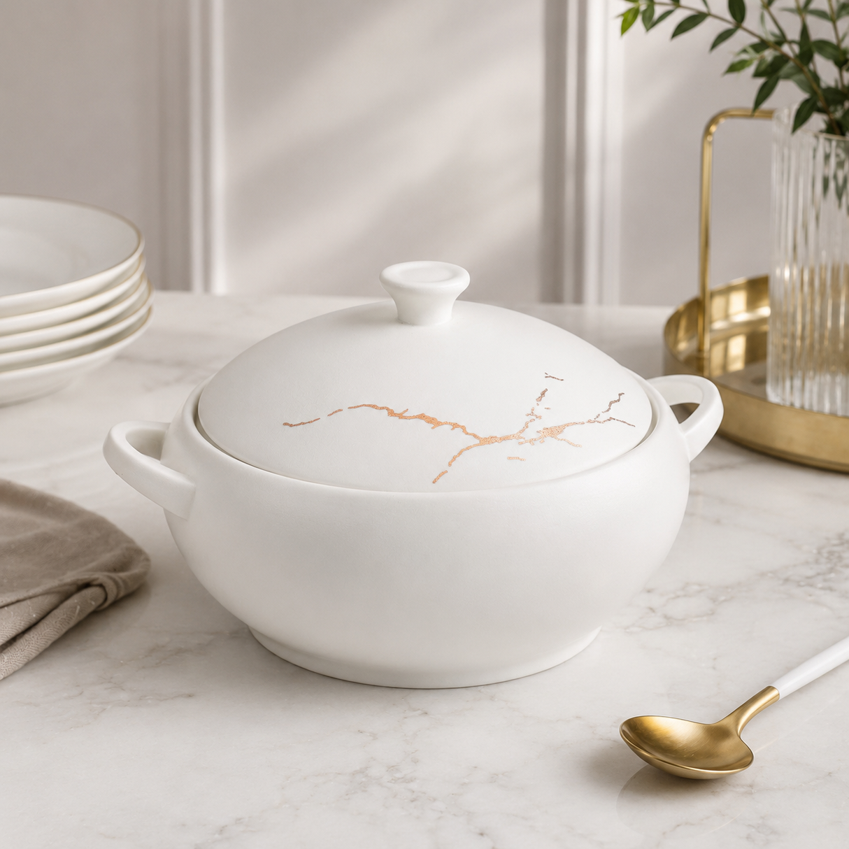 Winsor England Porcelain Gold Marble Soup Tureen 25cm at Zubaidas Homestore 