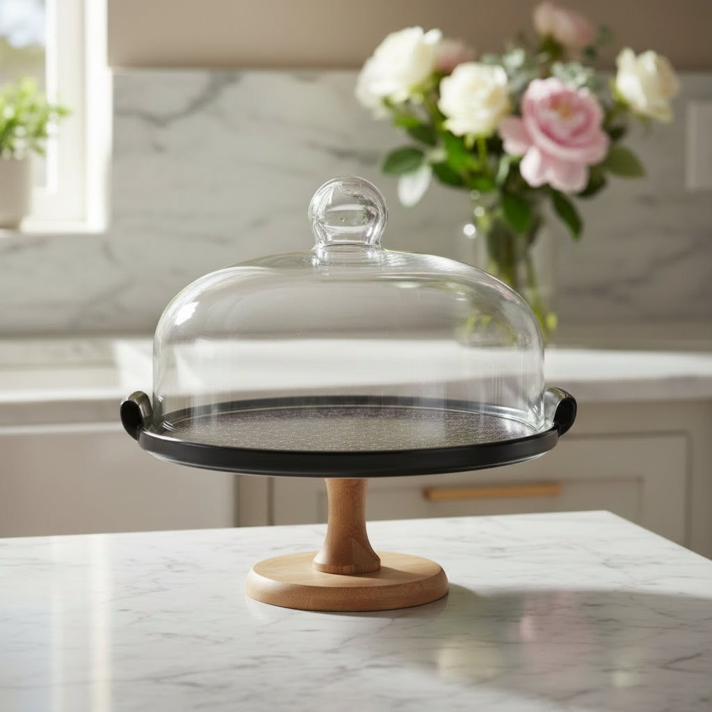 Wooden Base Cake Stand with Glass Dome at Zubaidas Homestore