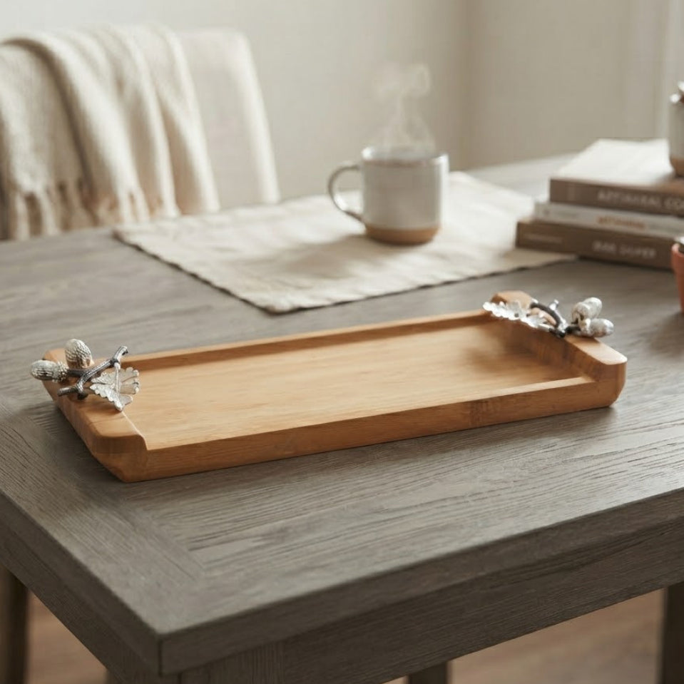 Wooden Decorative Serving Tray with Acorn Handles 35cm at Zubaidas Homestore 