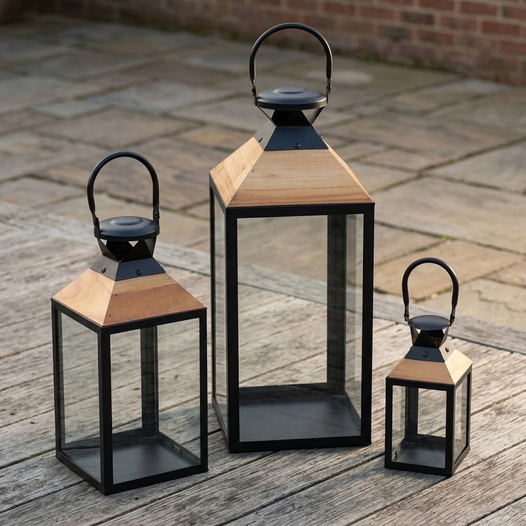 Wooden Top Glass Lantern Set 3 Pieces at Zubaidas Homestore